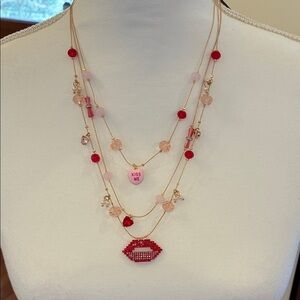 Betsey Johnson Gold Necklace with Red and Pink Heart 🩷 and Lips 👄 Accents